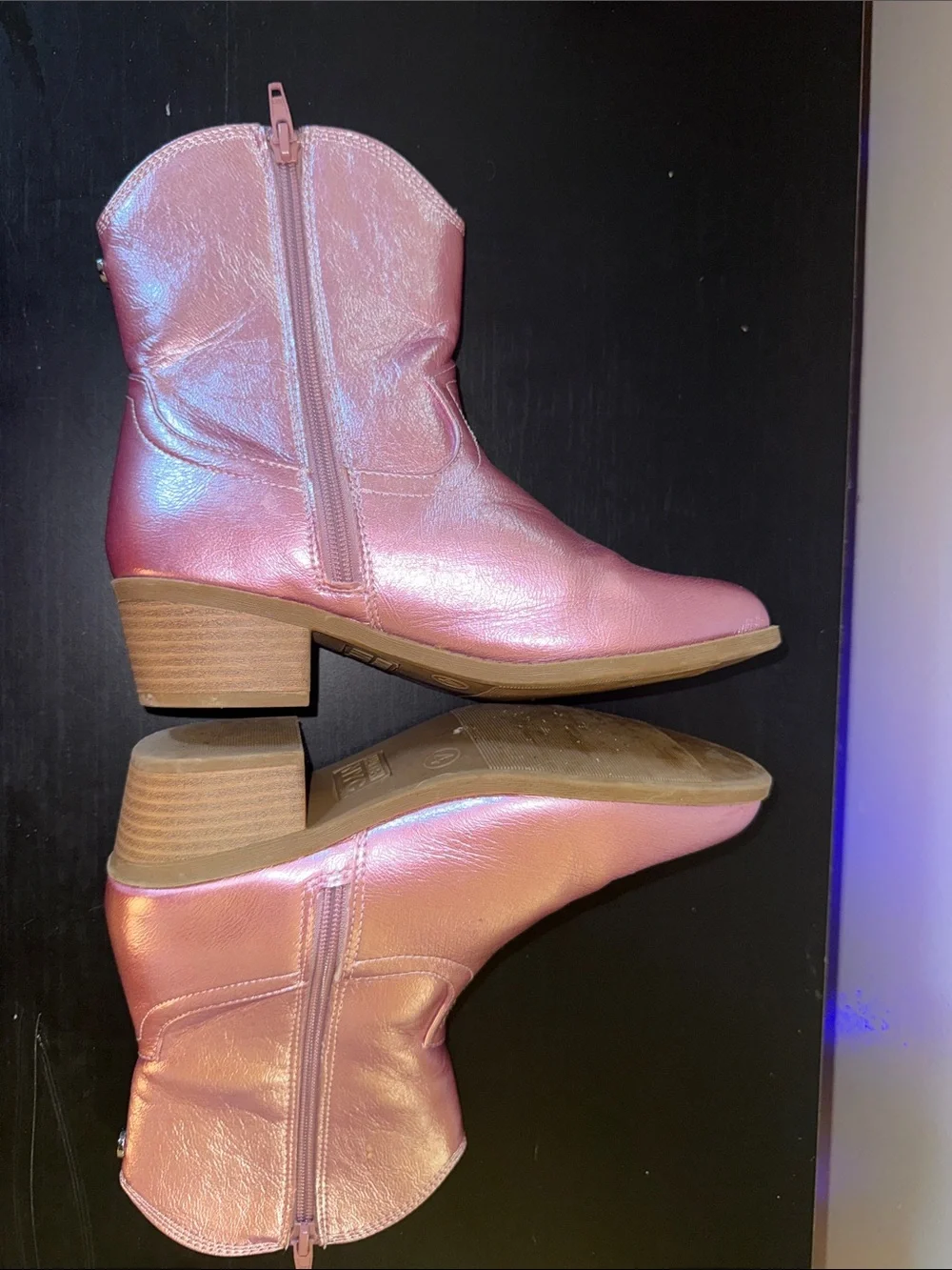 Girls Metallic Pink Western Ankle Boots - Shiny Kids Cowboy Style